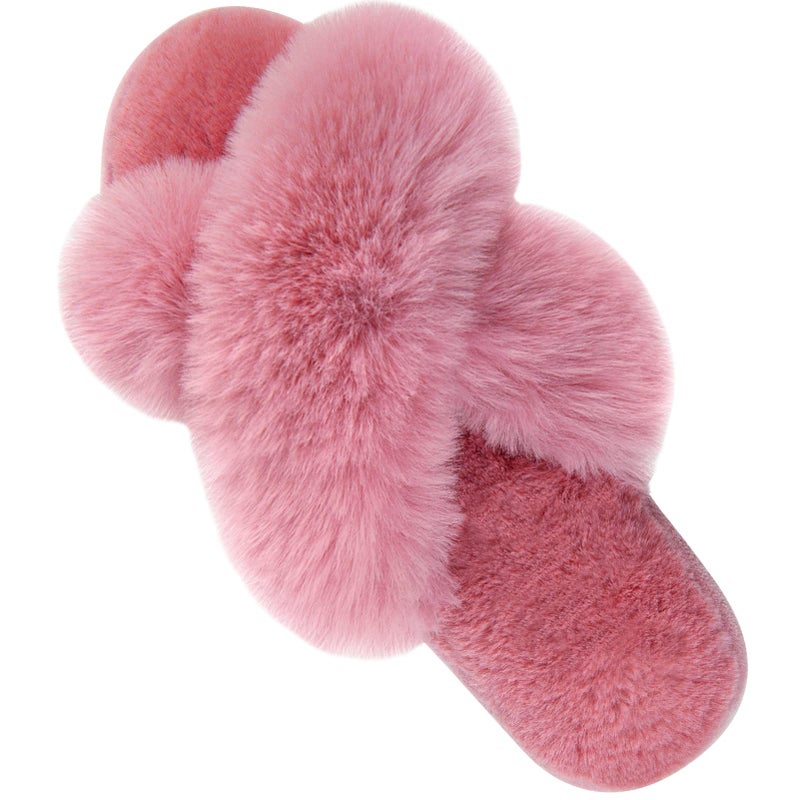 Parlovable Women's Fuzzy Slippers Comfy Cross Band House Shoes Memory Foam Open Toe Indoor Gifts for Ladies Pink 7-8 - Image 1